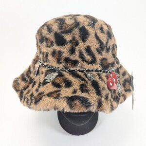 Ed Hardy Womens Leopard Print Faux Fur Bucket Hat + Chain Accents New With Tags